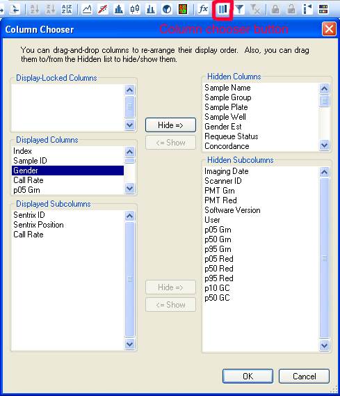 Click the 'Column Chooser' button above the Samples Table. Add the Gender column in the Displayed columns box, close to the Sample ID so that sorting by either is easy.