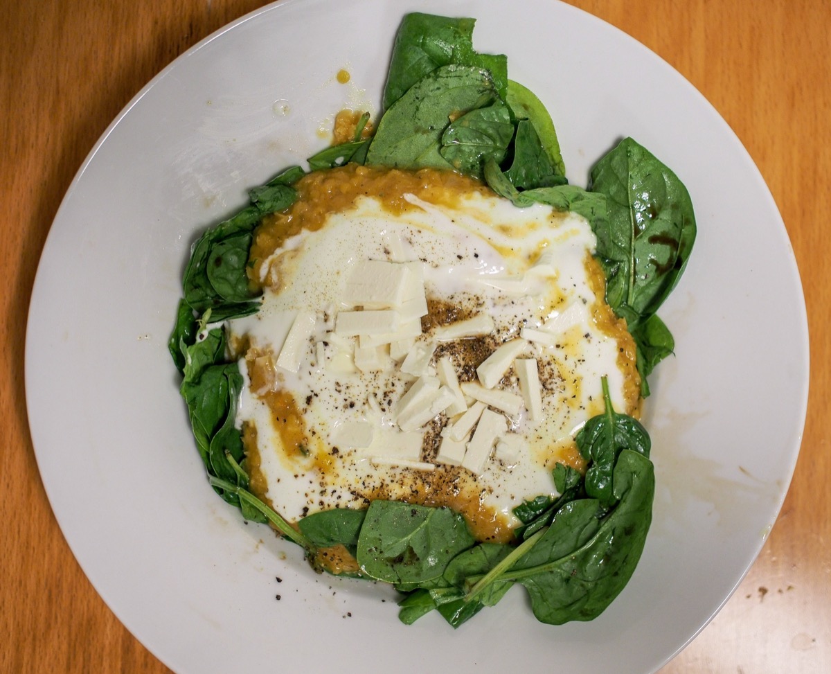 Red lentils with feta and fresh spinach